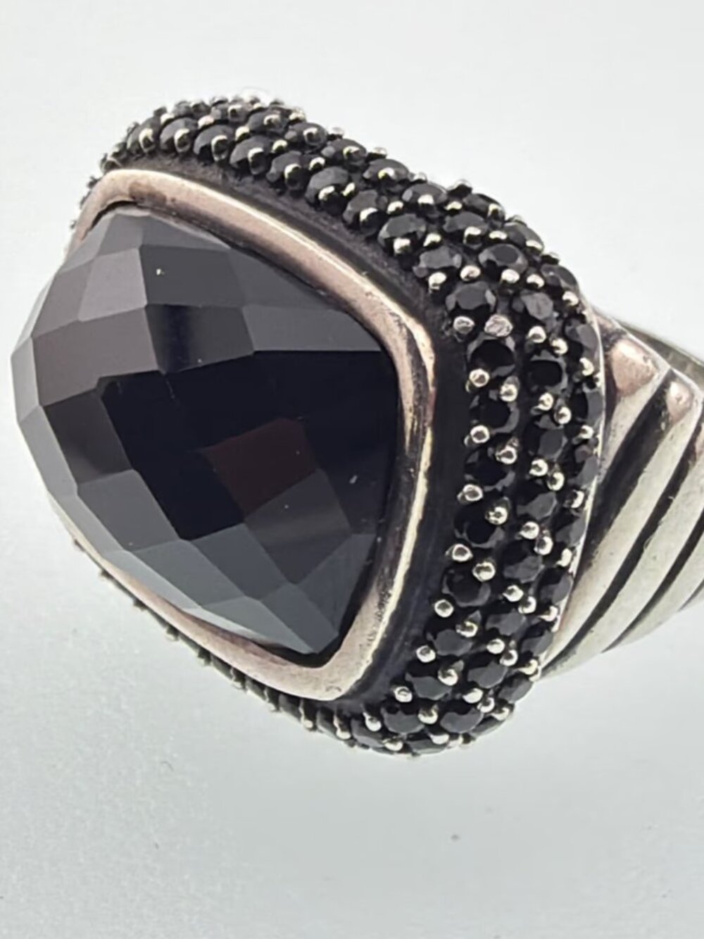 Sterling Silver Onyx and black diamond cocktail ring, size 6.75
